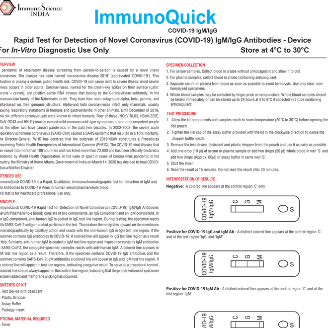 ImmunoQuick  COVID-19 IgM IgG Test