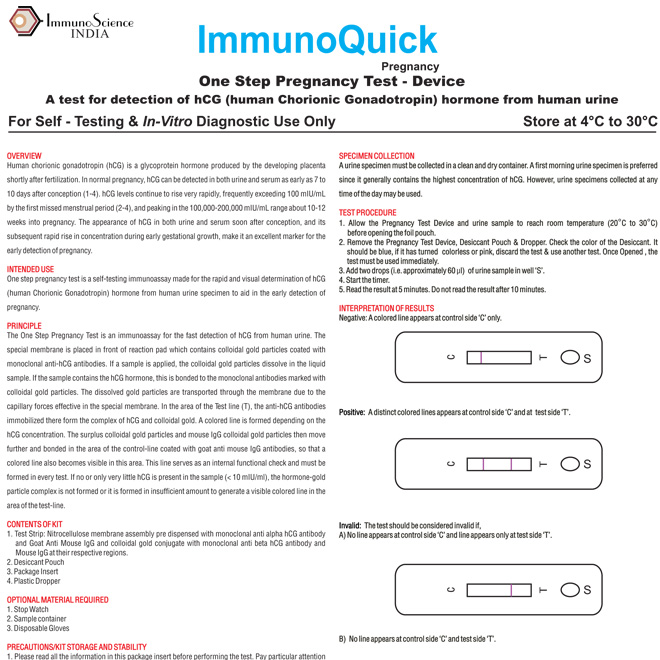 ImmunoQuick One Step pregnency Device